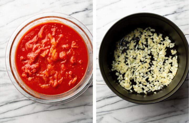 tomatoes in a bowl and a soup pot with onion and garlic