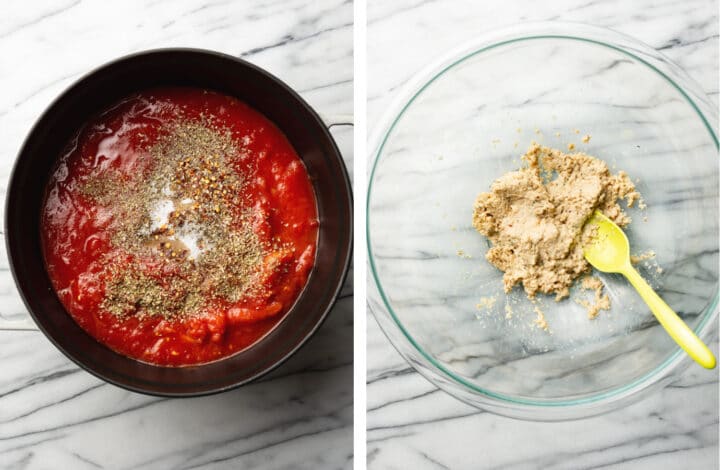 simmering tomato sauce in a pot next to a bowl of panade