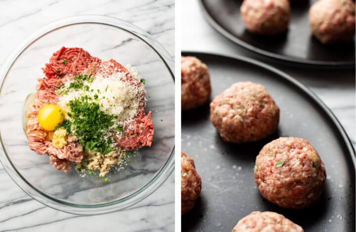 meatball mixture in a bowl and forming meatballs