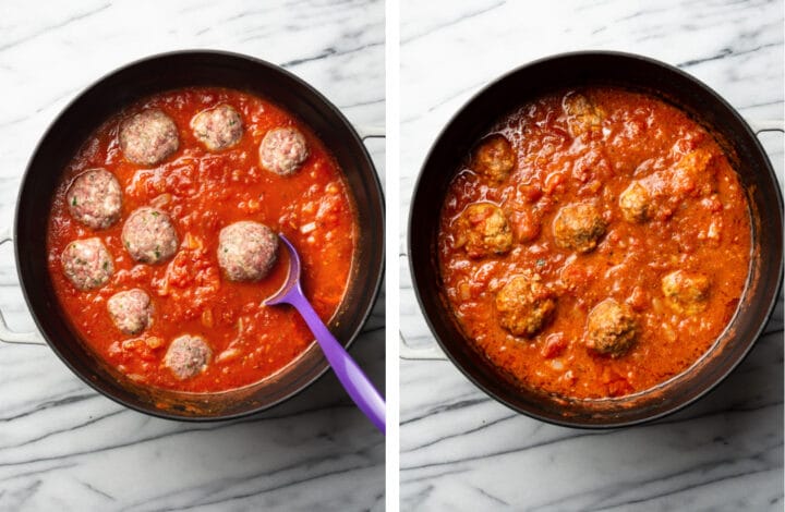 adding meatballs to a pot of tomato sauce
