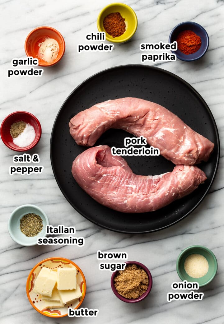 ingredients in small bowls for baked pork tenderloin