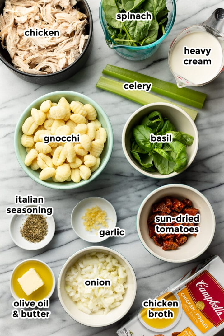 ingredients for tuscan chicken gnocchi soup in bowls