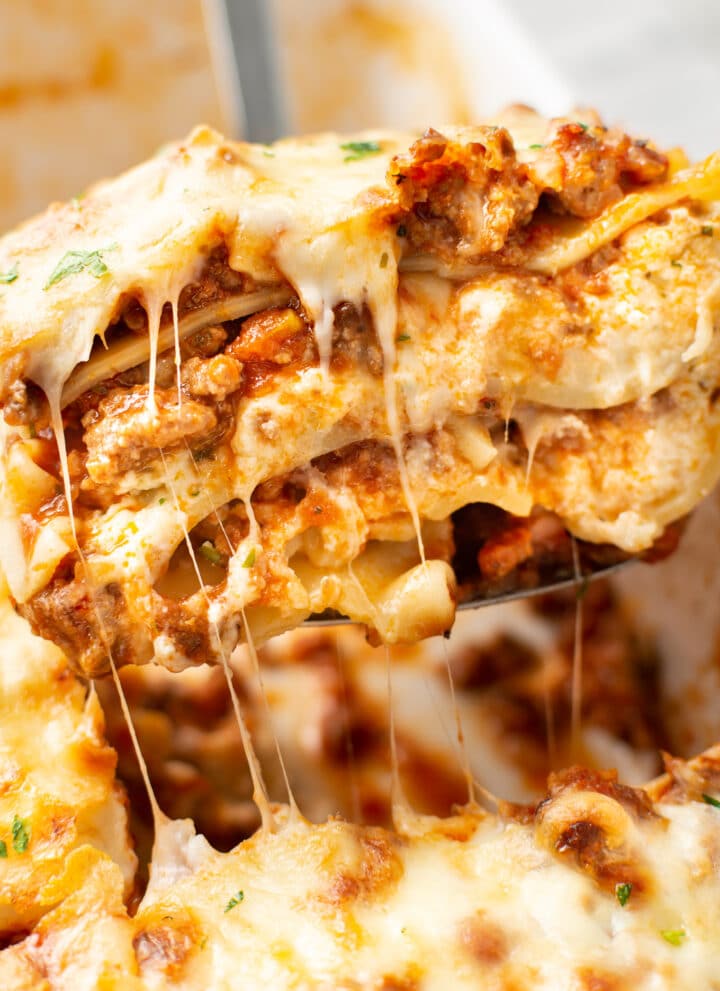 closeup of lasagna on a metal spatula