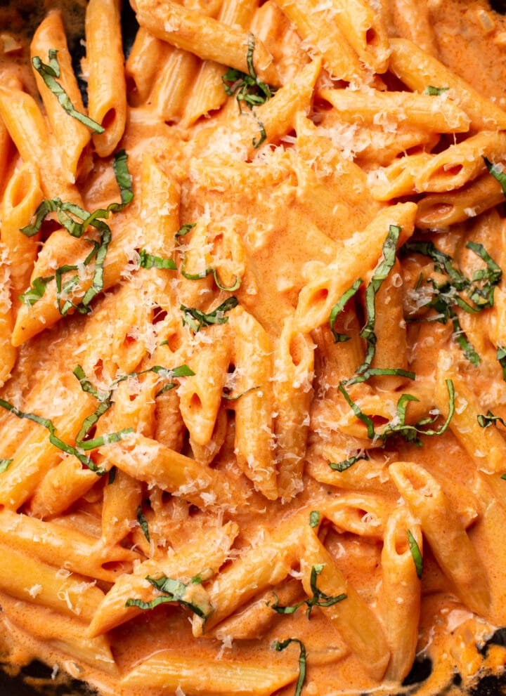 closeup of penne alla vodka with parmesan and basil