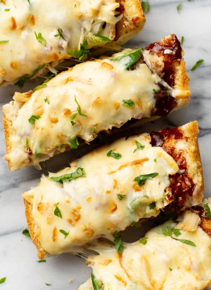 four slices of bbq chicken french bread pizza
