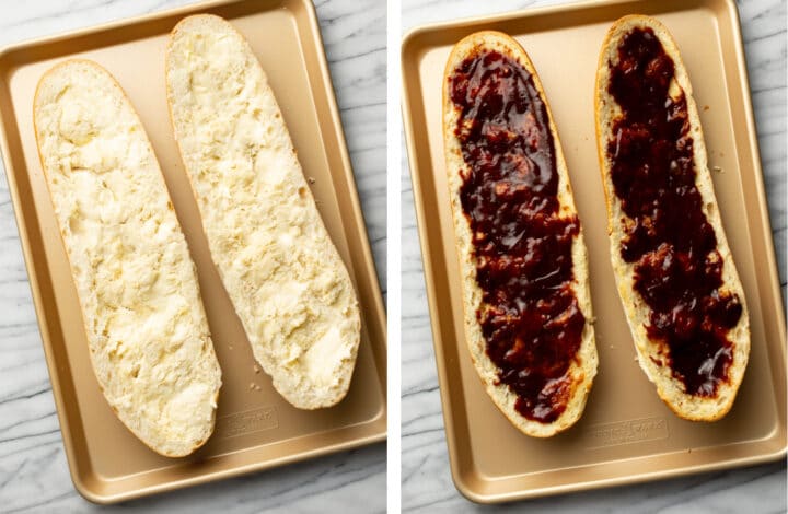 adding butter and bbq sauce to french bread on a baking sheet