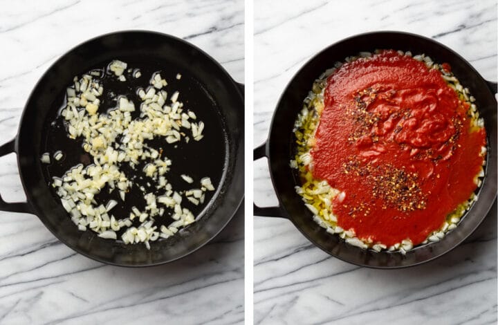 sauteing onions and making arrabiata sauce in a braiser