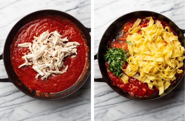 adding chicken and pasta to spicy tomato sauce in a braiser