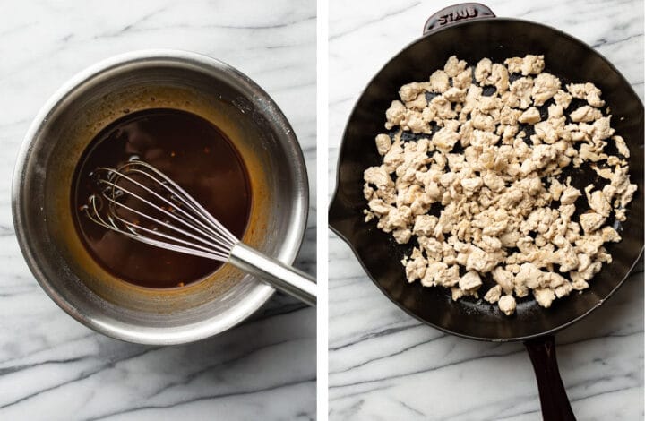 making stir fry sauce in a bowl and pan frying ground chicken