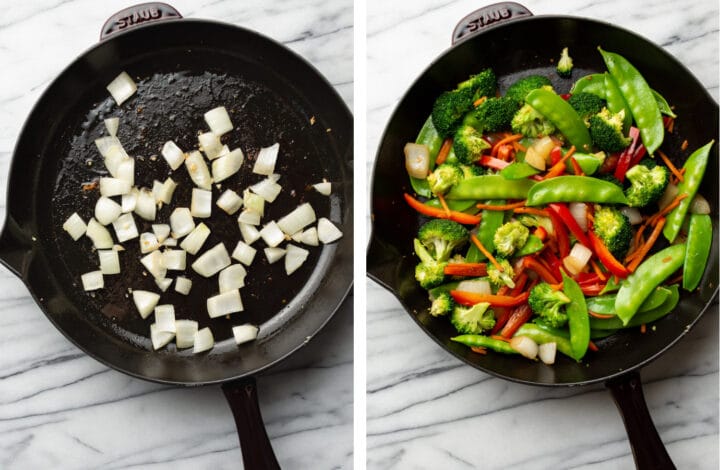 stir frying vegetables in a cast iron skillet