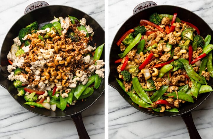 adding sauce and cashews to spicy ground chicken stir fry