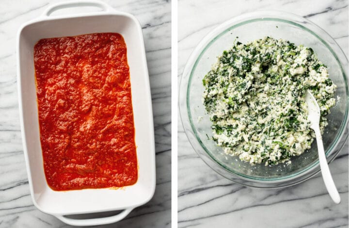 making spinach ricotta filling in a bowl and adding marinara sauce to a baking dish