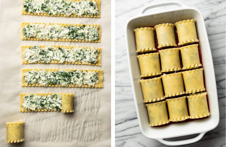 assembling lasagna rollups and adding to a baking dish