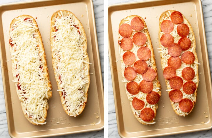 topping french bread pizza with mozzarella and pepperoni
