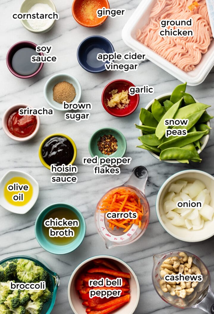 ingredients for spicy ground chicken stir fry in small bowls