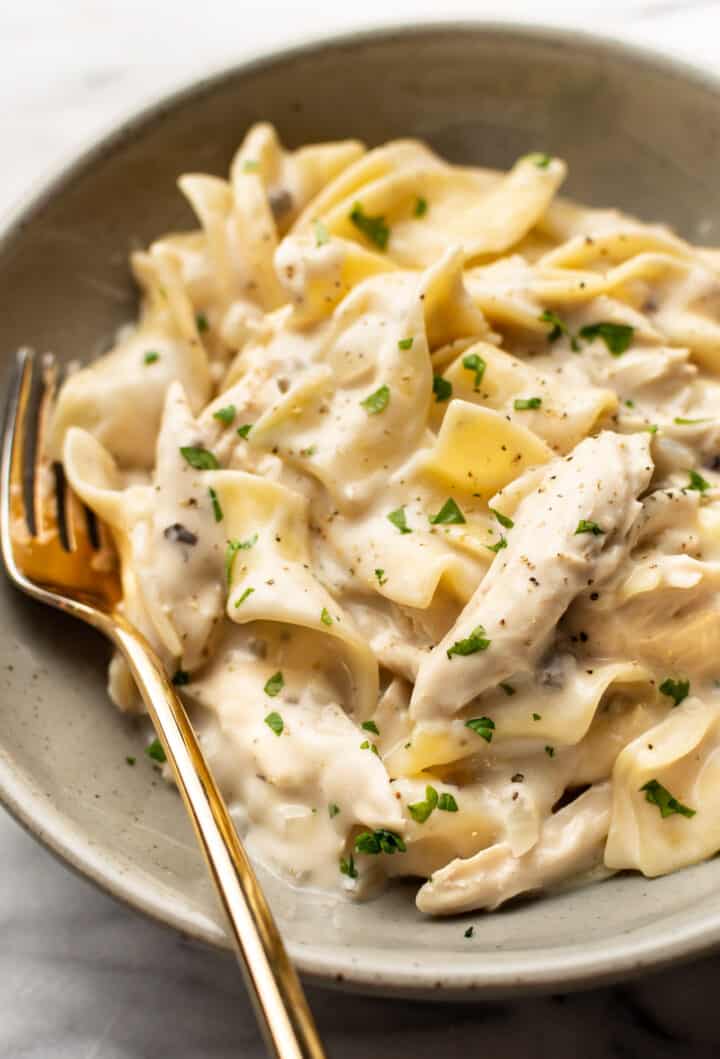 a bowl of chicken and noodles with a fork