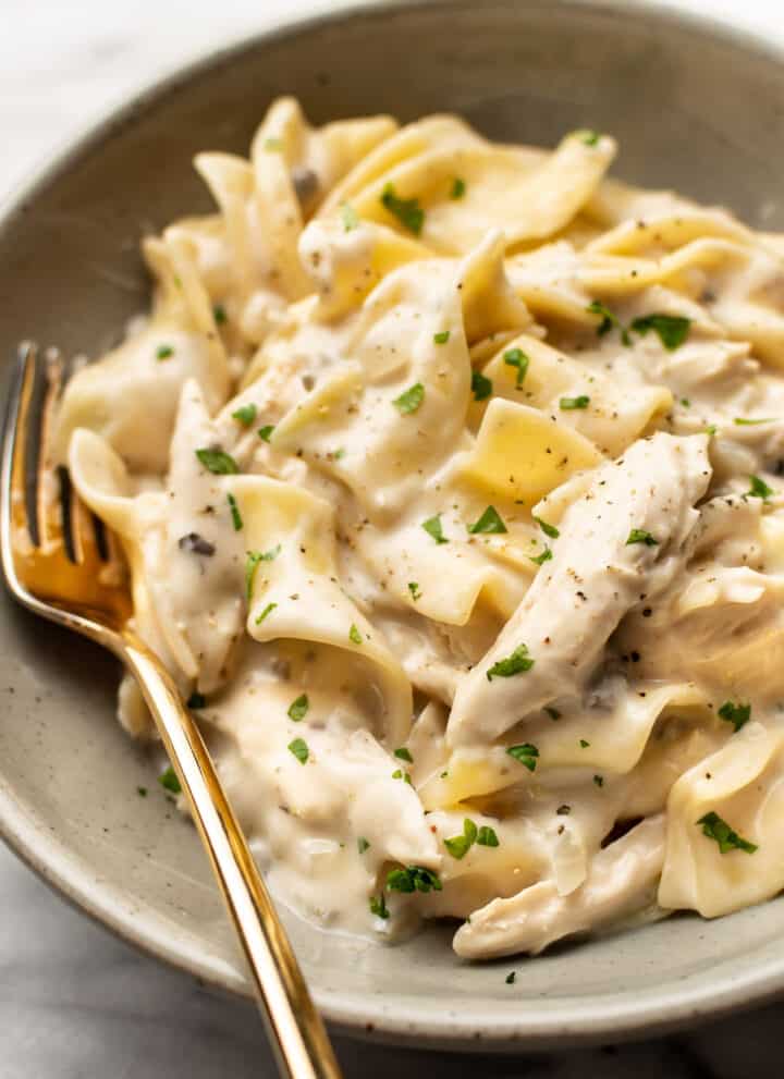 a bowl of chicken and noodles with a fork