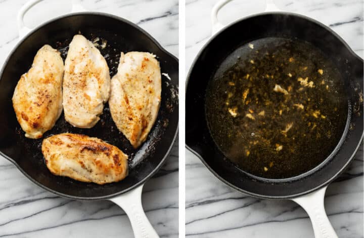 pan frying chicken in a skillet