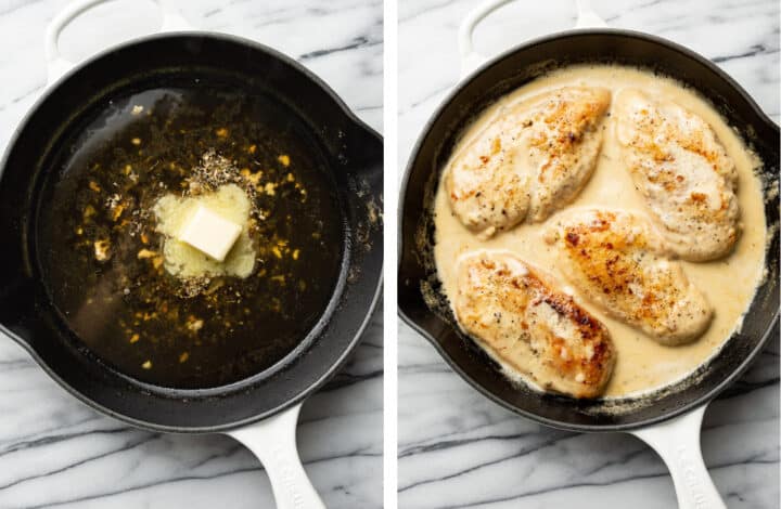 making creamy white wine sauce for chicken in a skillet