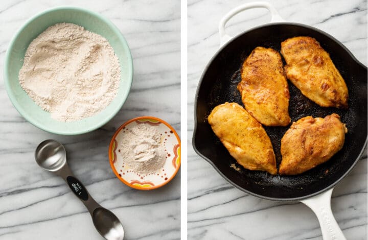 making flour mixture and pan searing chicken