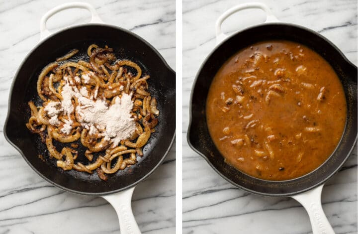 frying onions and making gravy in a cast iron skillet