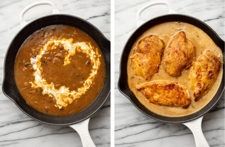 adding cream and chicken back to the skillet