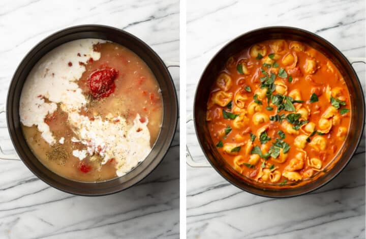 adding in tomatoes, tortellini, and basil to a soup pot