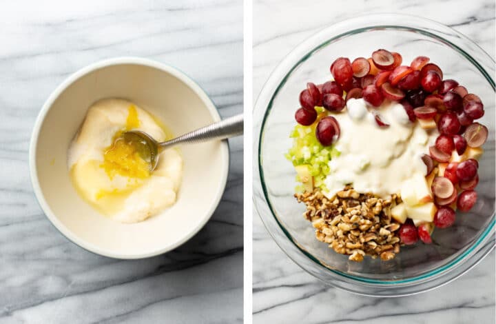 making dressing and adding to a bowl of waldorf salad