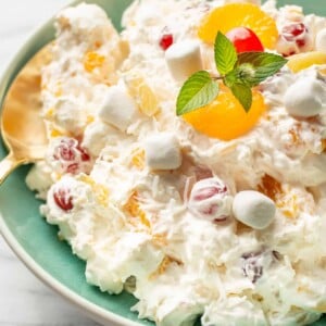 closeup of a bowl of ambrosia salad