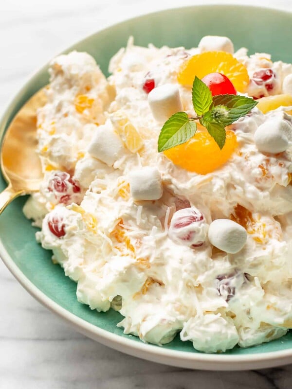 closeup of a bowl of ambrosia salad