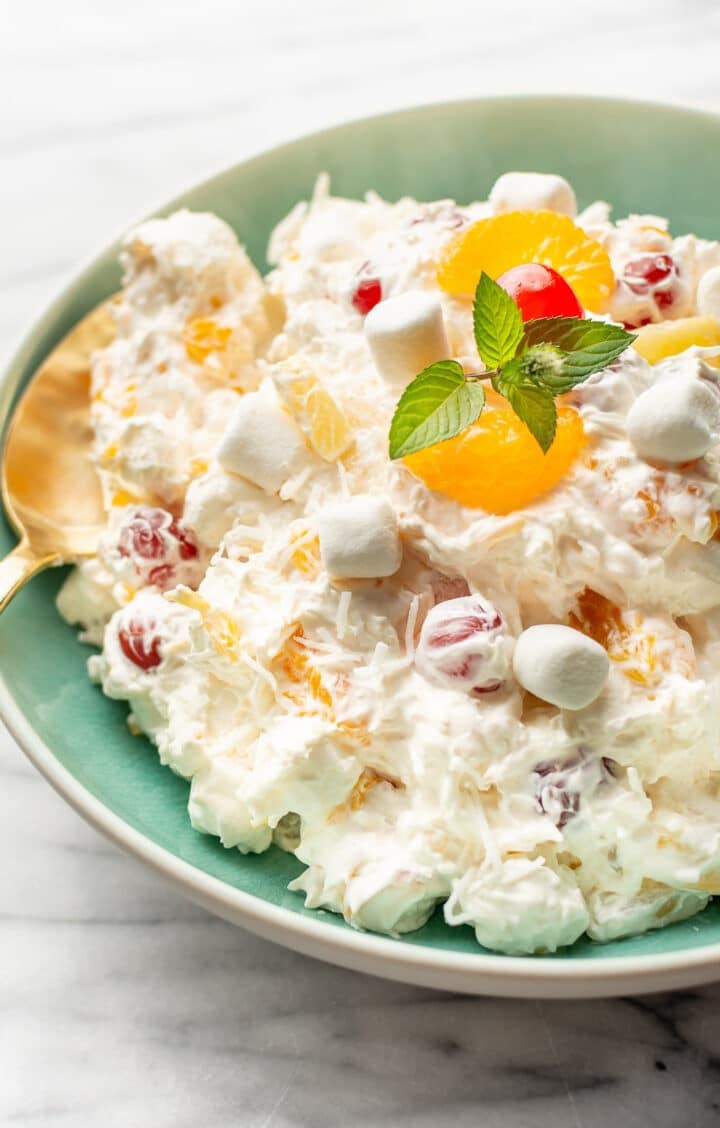 closeup of a bowl of ambrosia salad