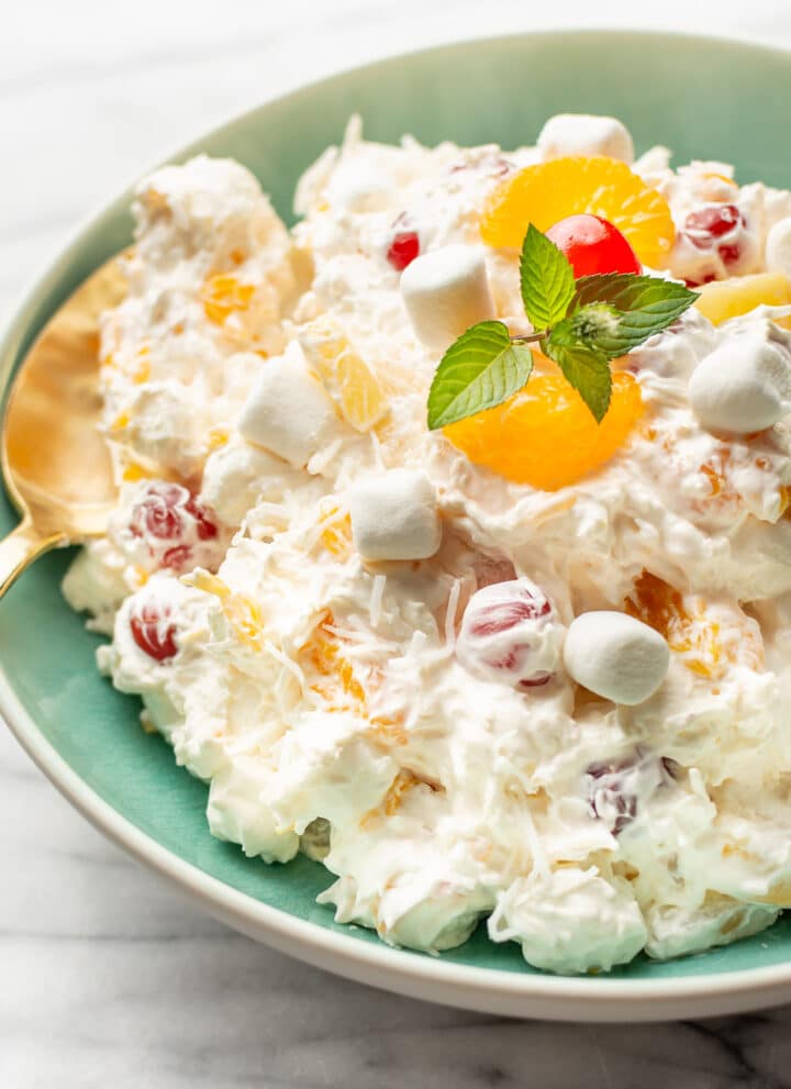 closeup of a bowl of ambrosia salad