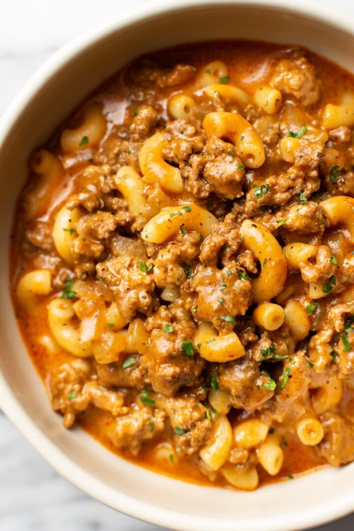 a bowl of homemade hamburger helper