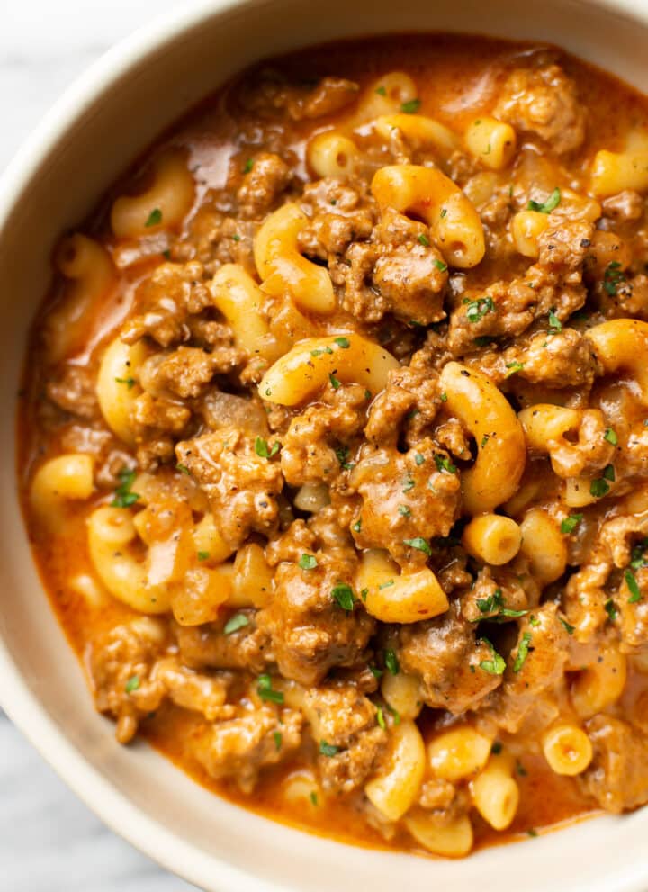 a bowl of homemade hamburger helper