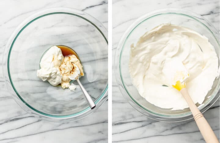 mixing dressing in a glass bowl for ambrosia salad