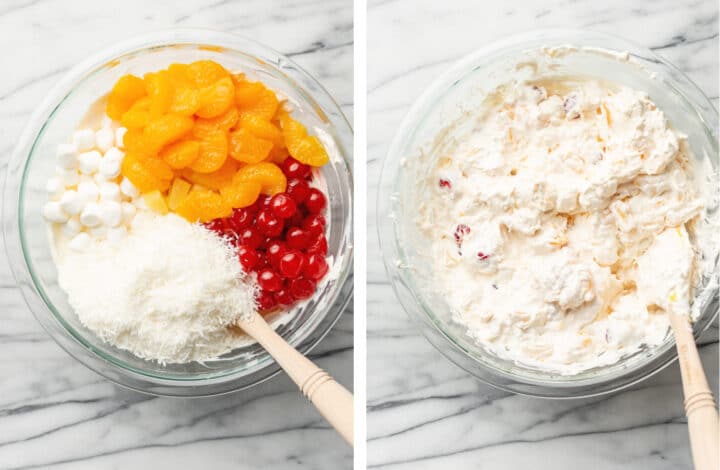 mixing fruit in a bowl for ambrosia salad