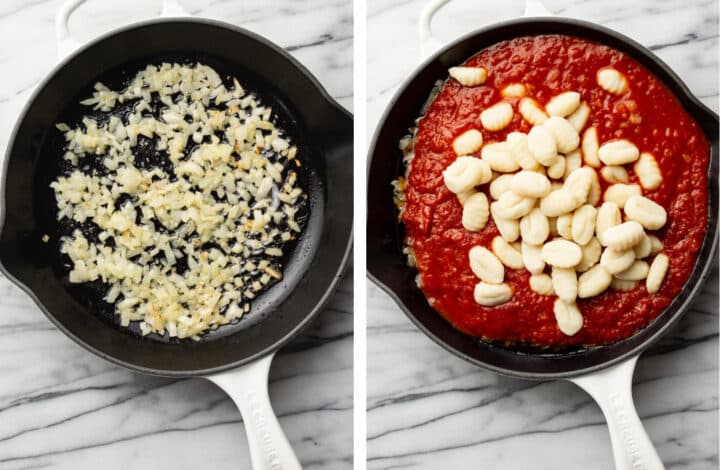 making sauce for baked gnocchi in a cast iron skillet