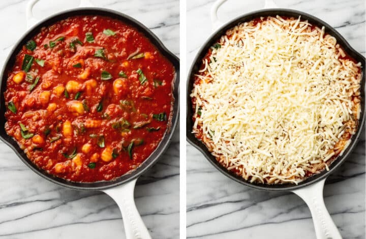 adding basil and cheese to a skillet with gnocchi