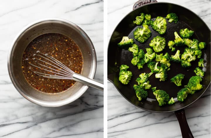 whisking sauce and sauteing broccoli in a skillet