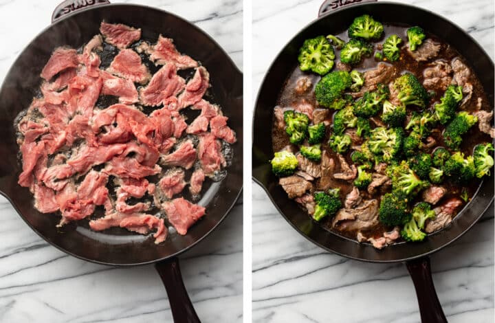 cooking beef and broccoli in a cast iron skillet