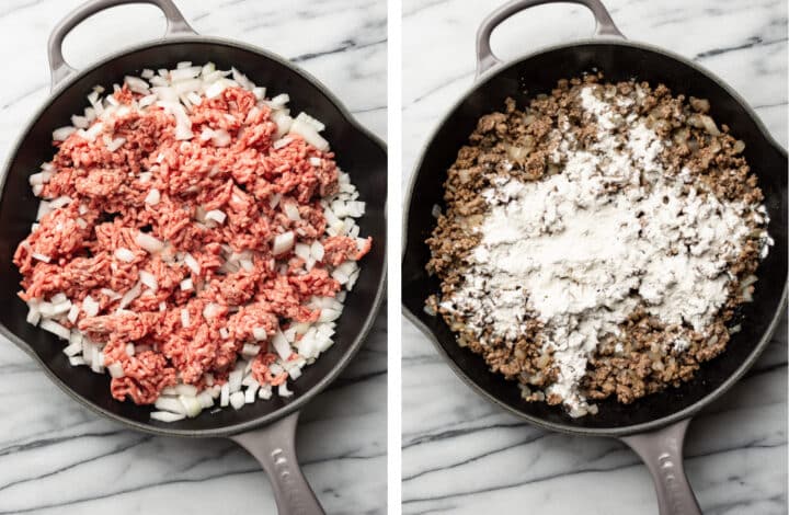 sauteing beef and onions in a skillet for beef and noodles