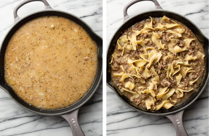 finishing the gravy and adding noodles to a skillet