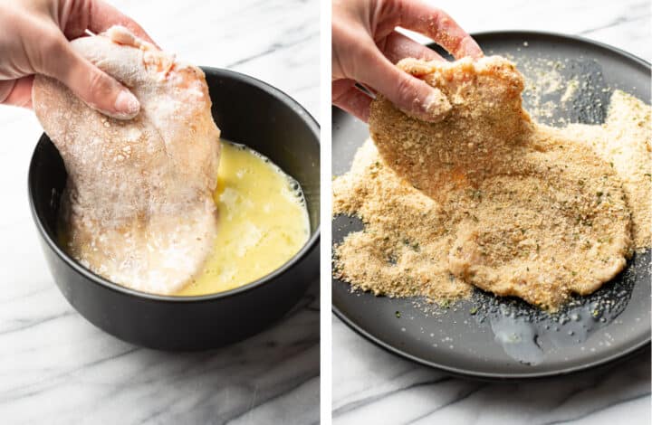 dipping chicken in egg and breadcrumbs for chicken milanese