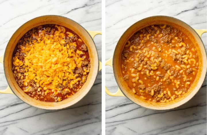 adding cheddar to homemade hamburger helper and simmering