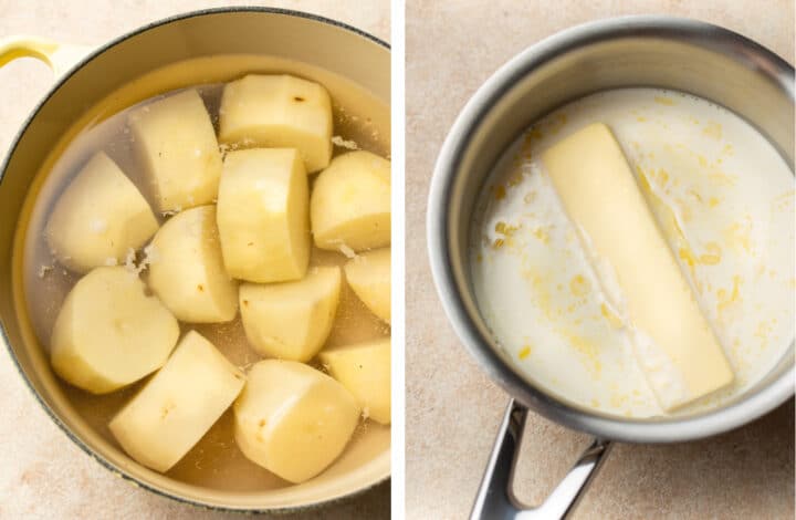 boiling potatoes and making creamy mixture in a saucepan