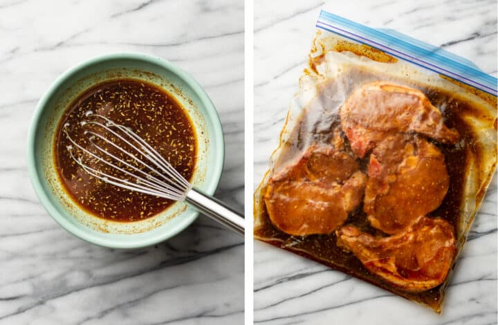 whisking marinade in a bowl and adding it to a plastic bag with pork chops