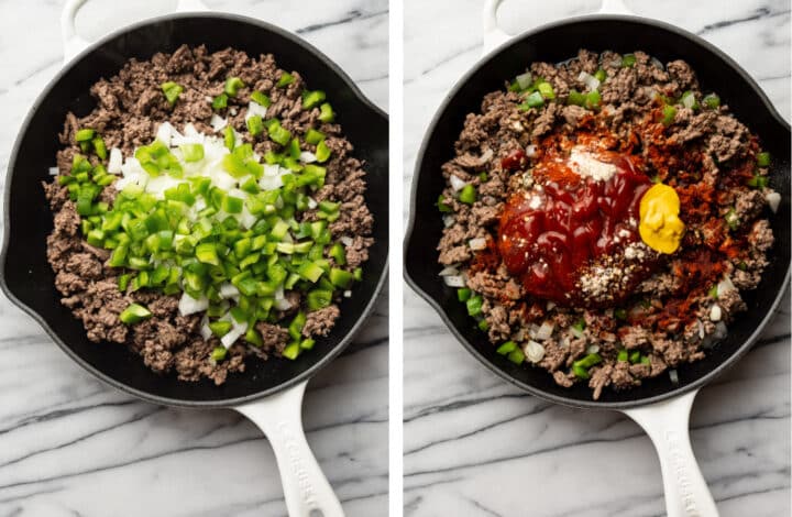 sauteing ground beef and making sauce for sloppy joe casserole in a skillet