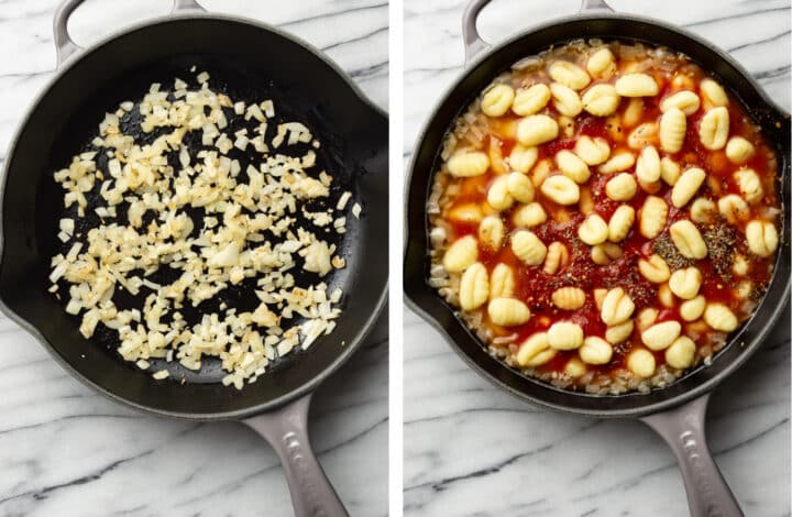 sauteing onion and making sauce for goat cheese gnocchi