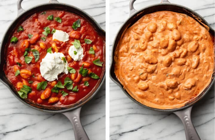 adding goat cheese to one pan gnocchi