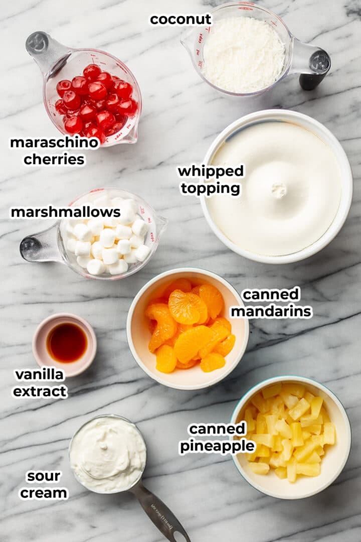 ingredients for ambrosia salad on a countertop